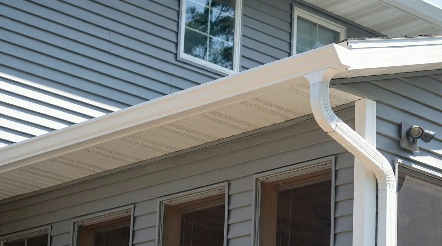 Professional home remodeling project showing newly installed white seamless gutters and downspouts on a house with gray siding in Grand Rapids, Mi