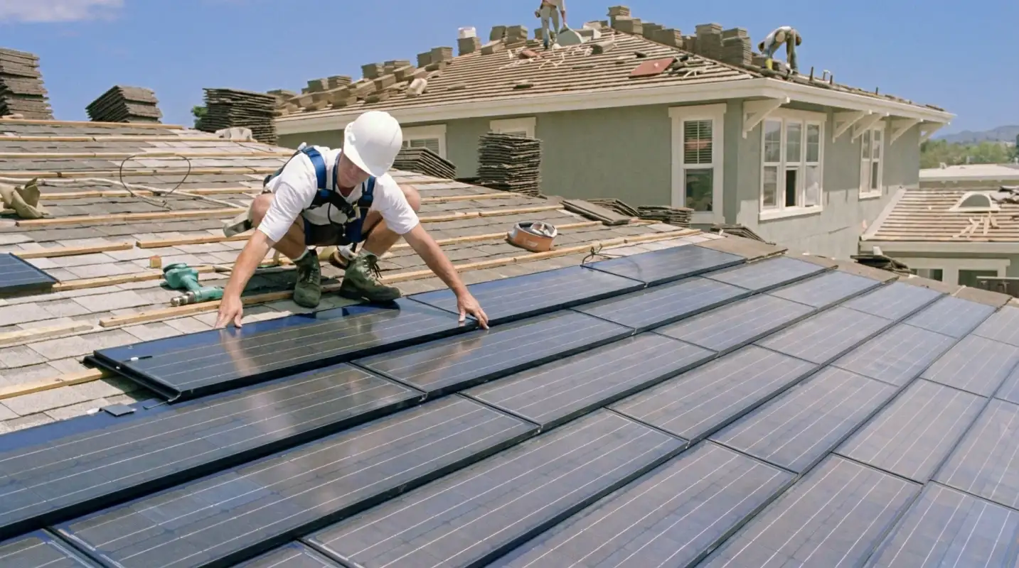 Roof replacement expert installing modern solar shingles on a residential home in Grand Rapids, Mi