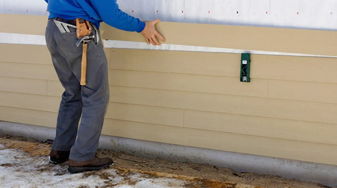 Siding replacement expert carefully aligning a new tan siding panel onto a residential exterior wall in Grand Rapids, Mi