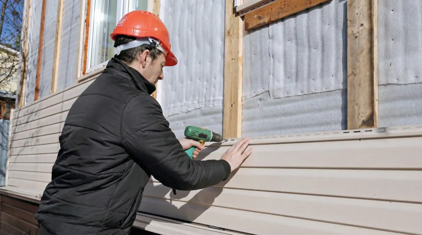Siding replacement professional using a power drill to install new tan vinyl siding on a home exterior in Grand Rapids, Mi