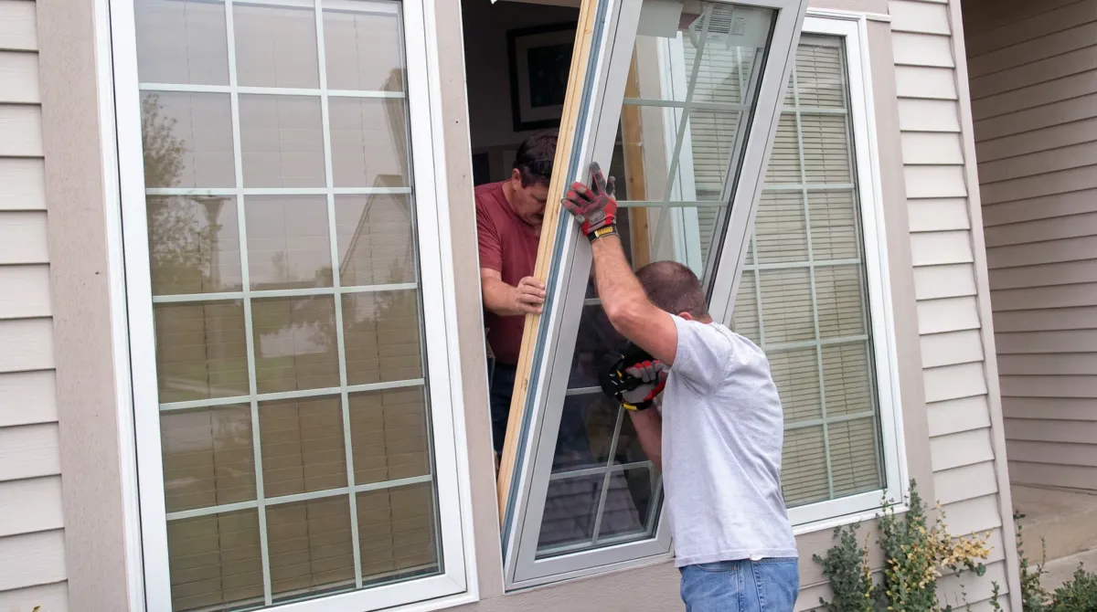 Professional home remodeling team installing a large replacement window on a house with tan siding in Grand Rapids, Mi