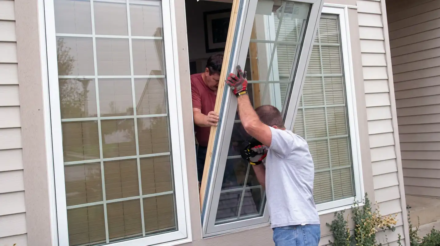 Professional home remodeling team installing a large replacement window on a house with tan siding in Grand Rapids, Mi